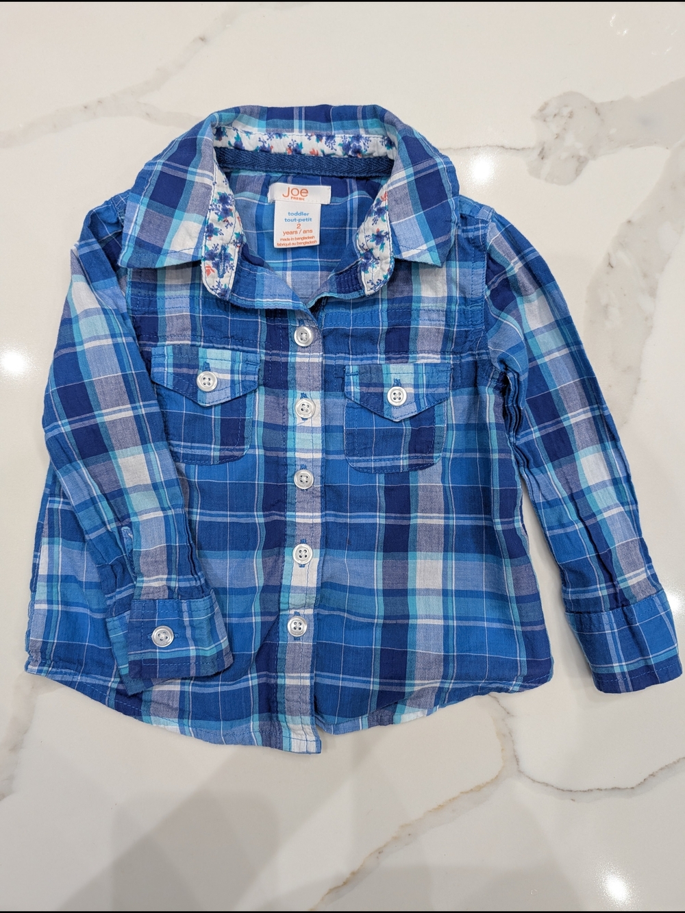 5/$35 Joe Fresh Blue Plaid Shirt 2T Button Up Cotton Chest Pockets